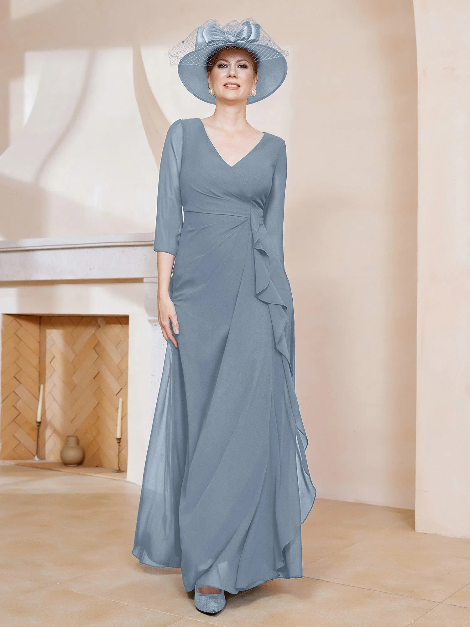 3/4-Length Sleeves V-neck Pleated Long Dress Dusty Blue
