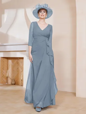 3/4-Length Sleeves V-neck Pleated Long Dress Dusty Blue