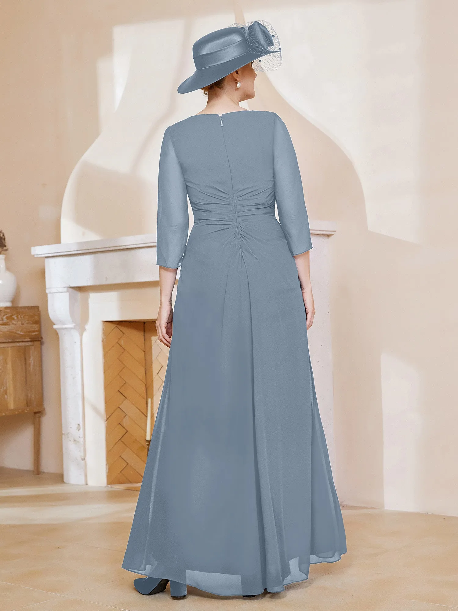 3/4-Length Sleeves V-neck Pleated Long Dress Dusty Blue