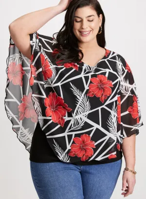 3/4 Sleeve Floral Poncho Blouse