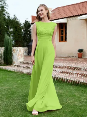 A-Line Chiffon Dress with Illusion Neckline Lime Green