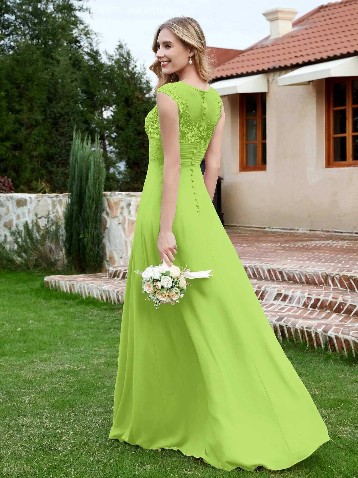 A-Line Chiffon Dress with Illusion Neckline Lime Green