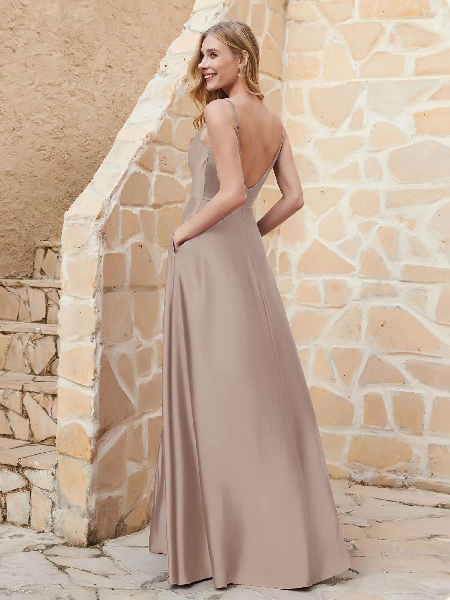 A-line Cowl Neck Satin Dress with Slit Taupe Plus Size