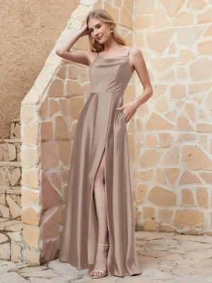 A-line Cowl Neck Satin Dress with Slit Taupe Plus Size
