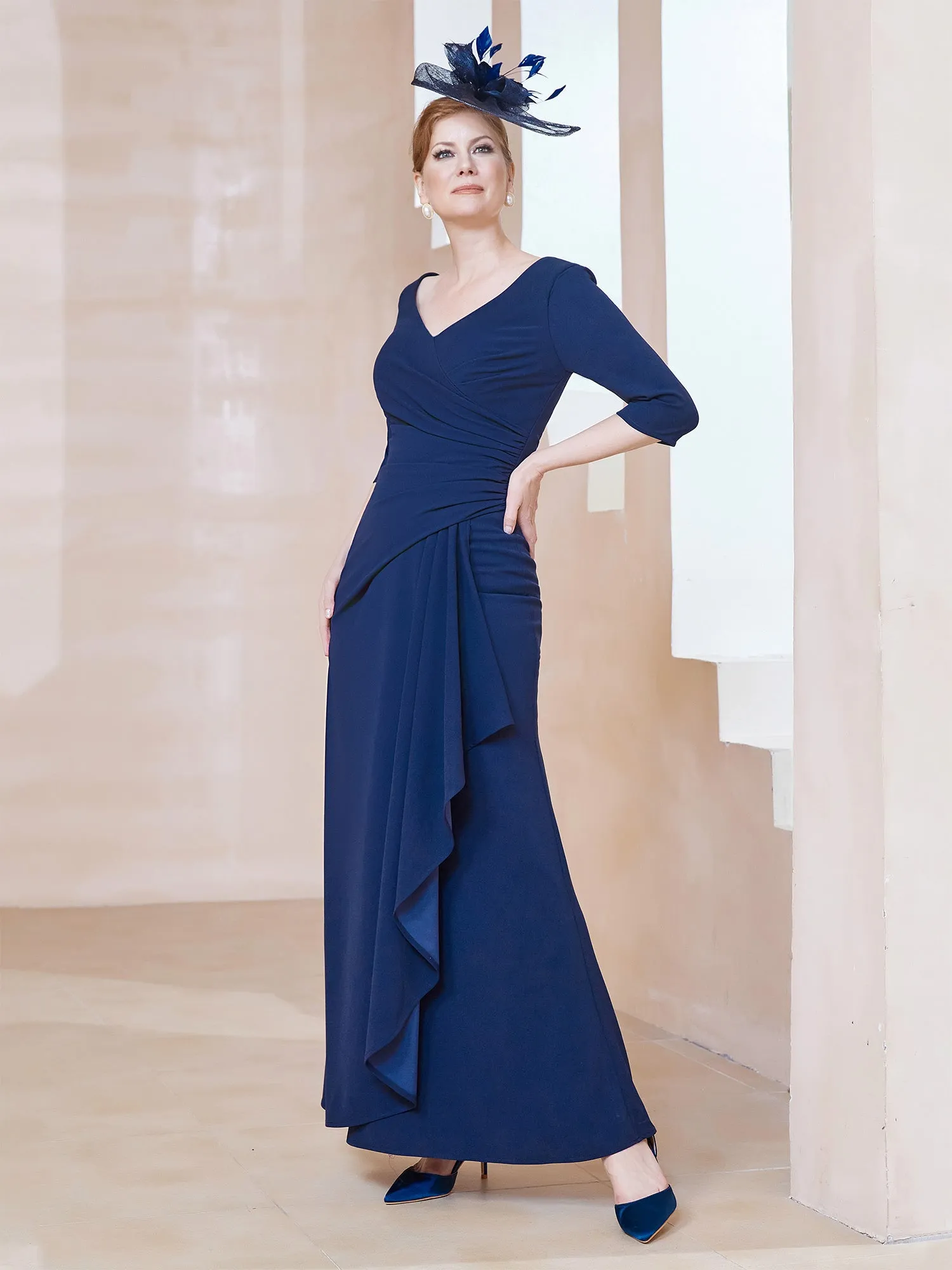 A-line Floor-Length Chiffon Pleated Dress Navy Blue