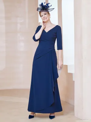 A-line Floor-Length Chiffon Pleated Dress Navy Blue