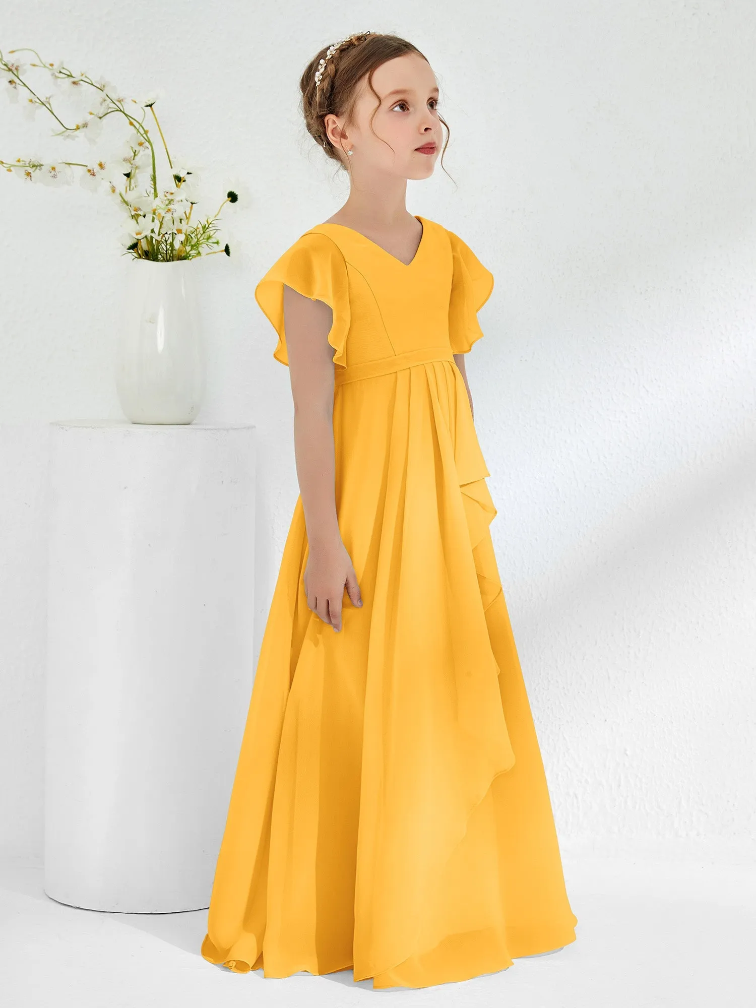 A-line Flutter Sleeves Junior Bridesmaid Dresses Tangerine