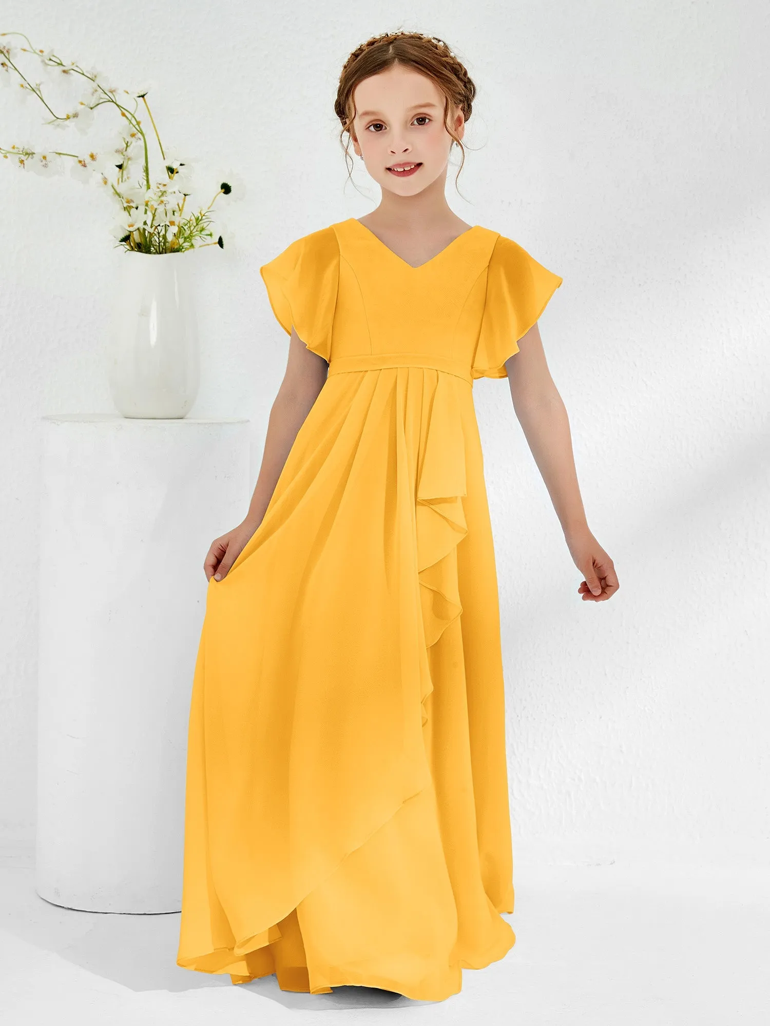 A-line Flutter Sleeves Junior Bridesmaid Dresses Tangerine