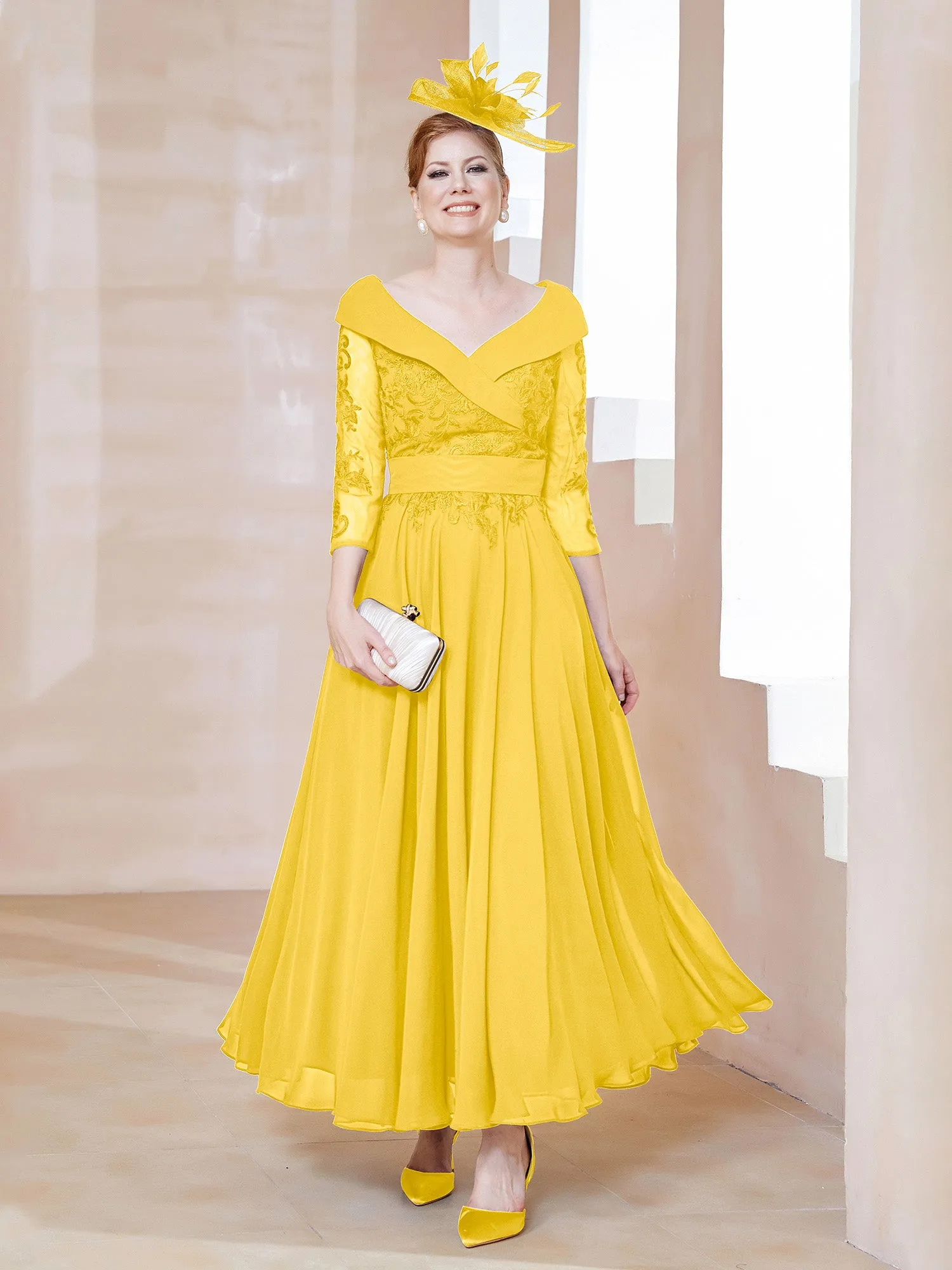 A-line V-neck Appliqued Chiffon Dress Marigold