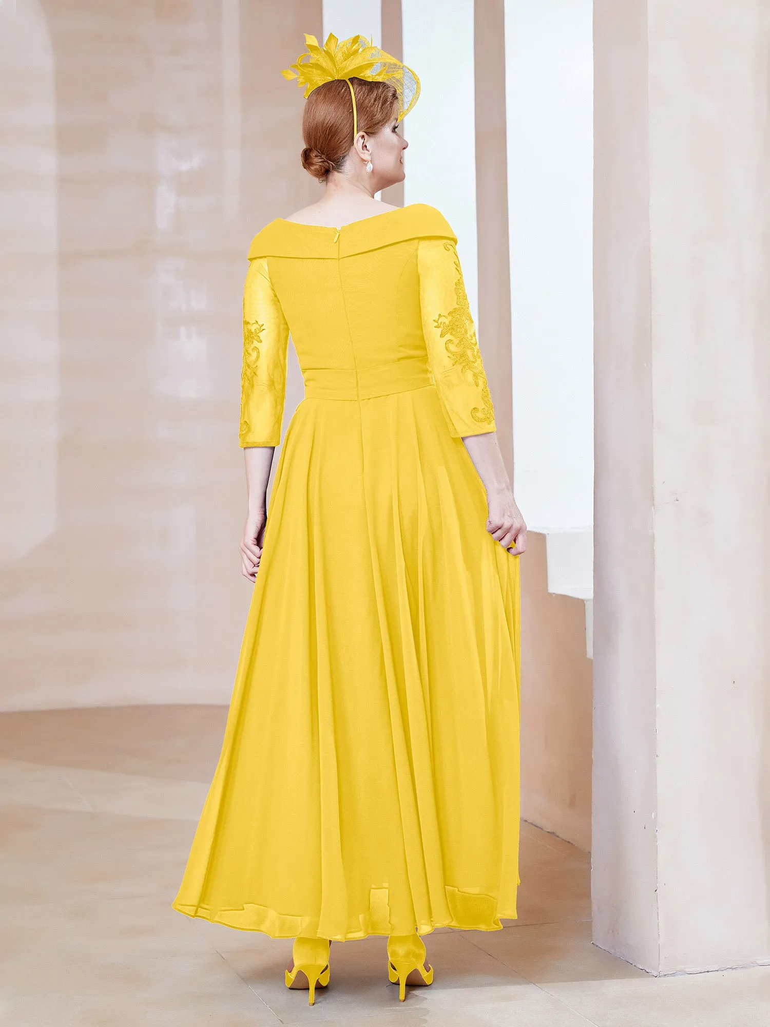 A-line V-neck Appliqued Chiffon Dress Marigold