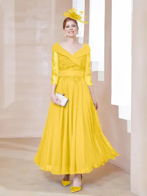 A-line V-neck Appliqued Chiffon Dress Marigold