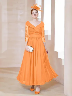 A-line V-neck Appliqued Chiffon Dress Orange
