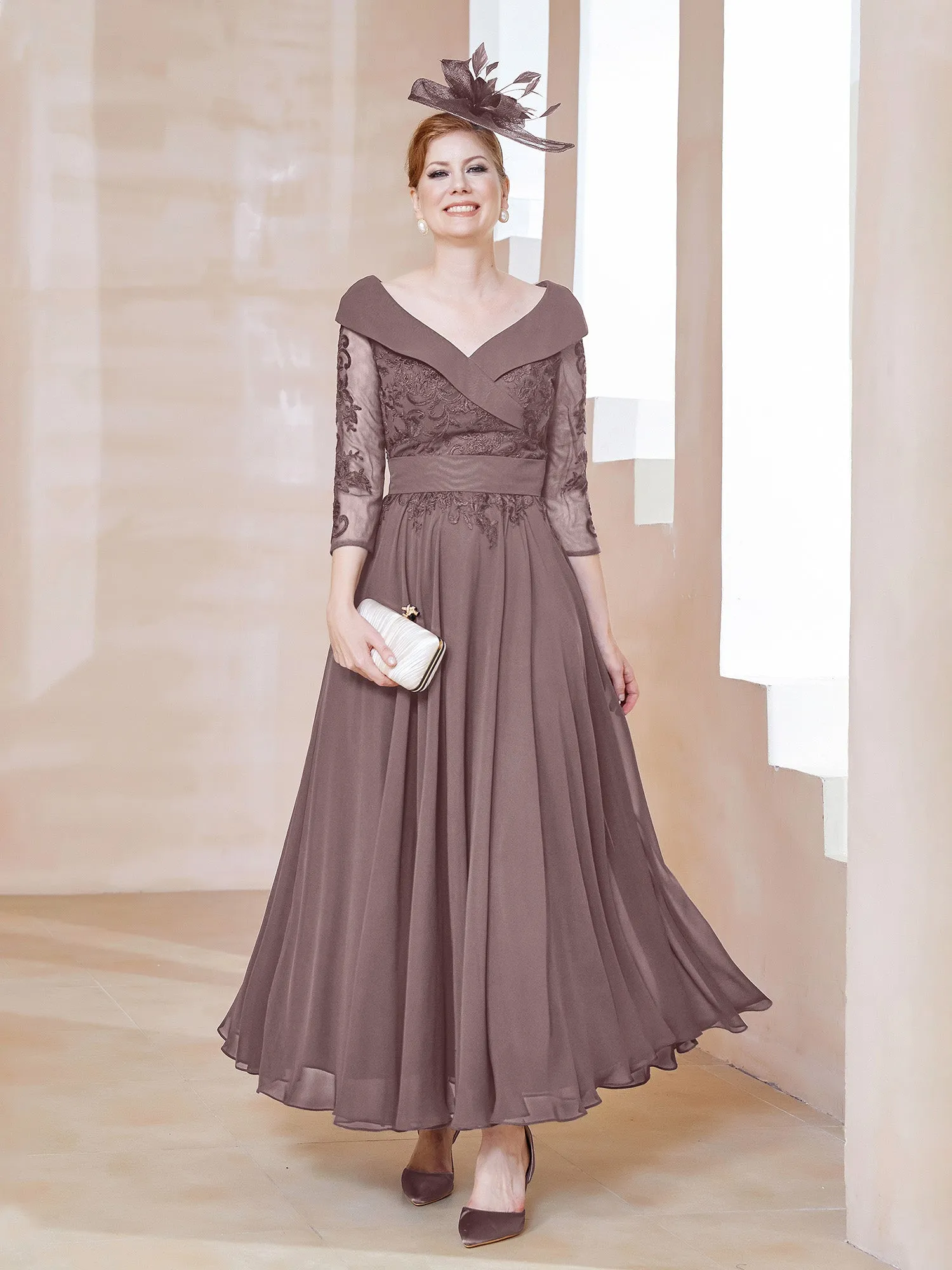 A-line V-neck Appliqued Chiffon Dress Vintage Mauve