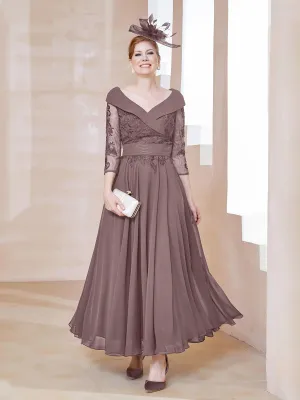 A-line V-neck Appliqued Chiffon Dress Vintage Mauve