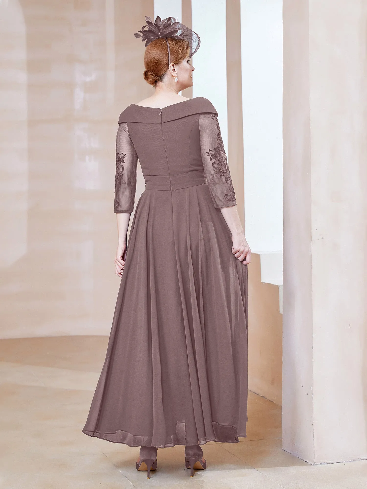 A-line V-neck Appliqued Chiffon Dress Vintage Mauve