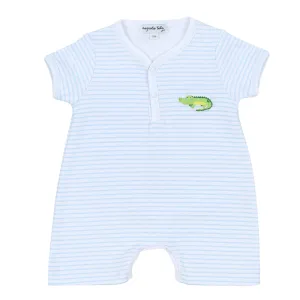 Alligator Friends Blue Embroidered Front Snap Short Playsuit