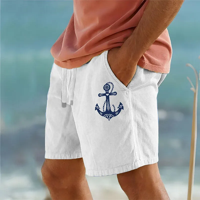 Anchor Print Men's Beach Shorts - White & Army Green Blend