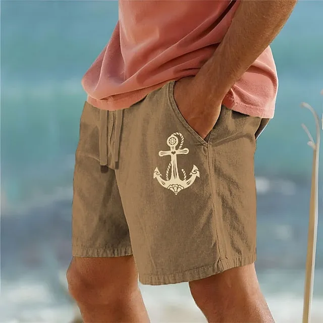 Anchor Print Men's Beach Shorts - White & Army Green Blend