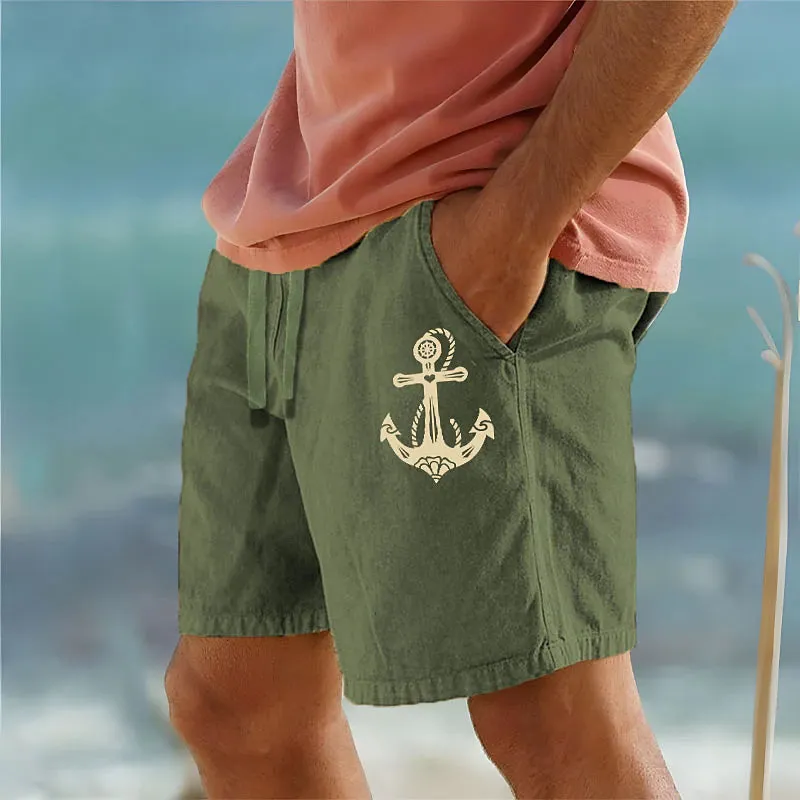 Anchor Print Men's Beach Shorts - White & Army Green Blend