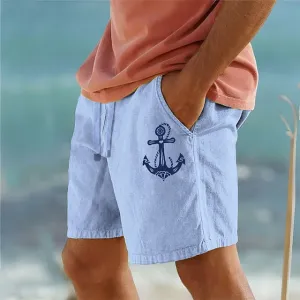 Anchor Print Men's Beach Shorts - White & Army Green Blend
