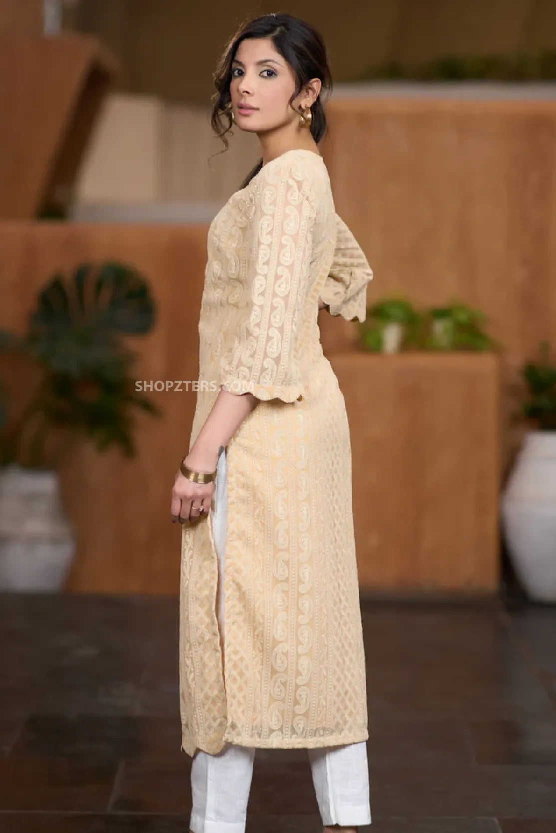 Beige Chikankari Kurta with Scalloped Hemline and Sleeves