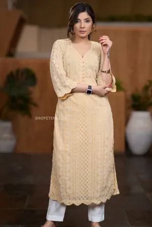 Beige Chikankari Kurta with Scalloped Hemline and Sleeves