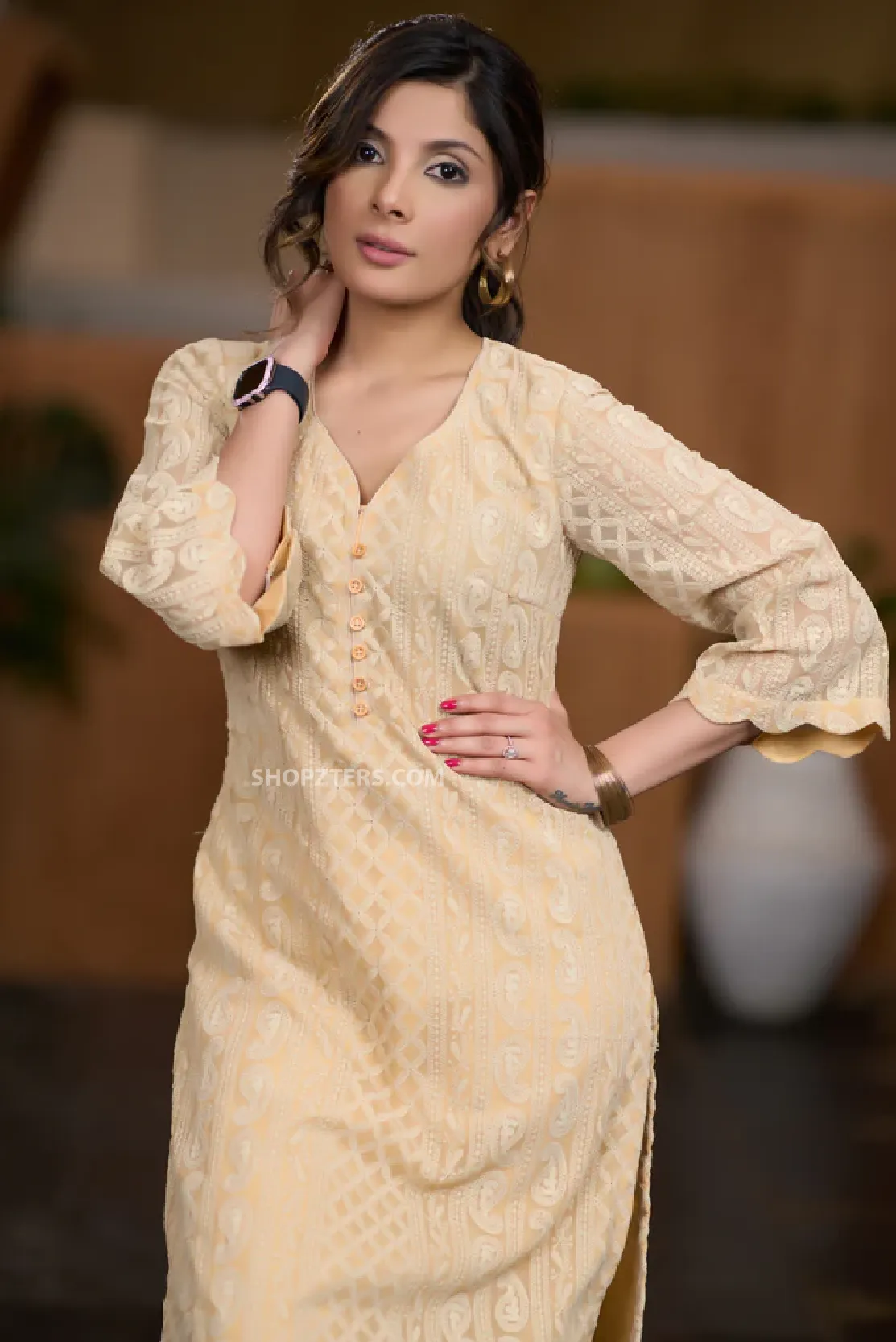 Beige Chikankari Kurta with Scalloped Hemline and Sleeves