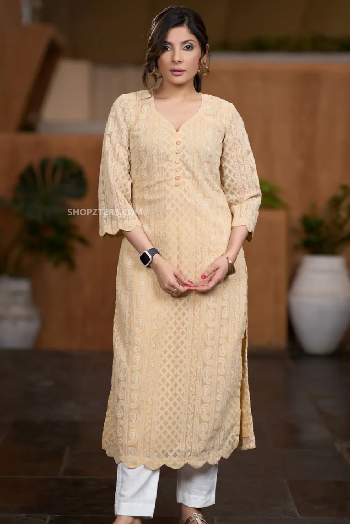 Beige Chikankari Kurta with Scalloped Hemline and Sleeves