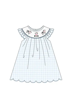 Blue Cow Embroidery Smocked Girl Dress