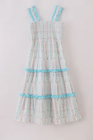 Blue Floral Print Smocked Mom Dress