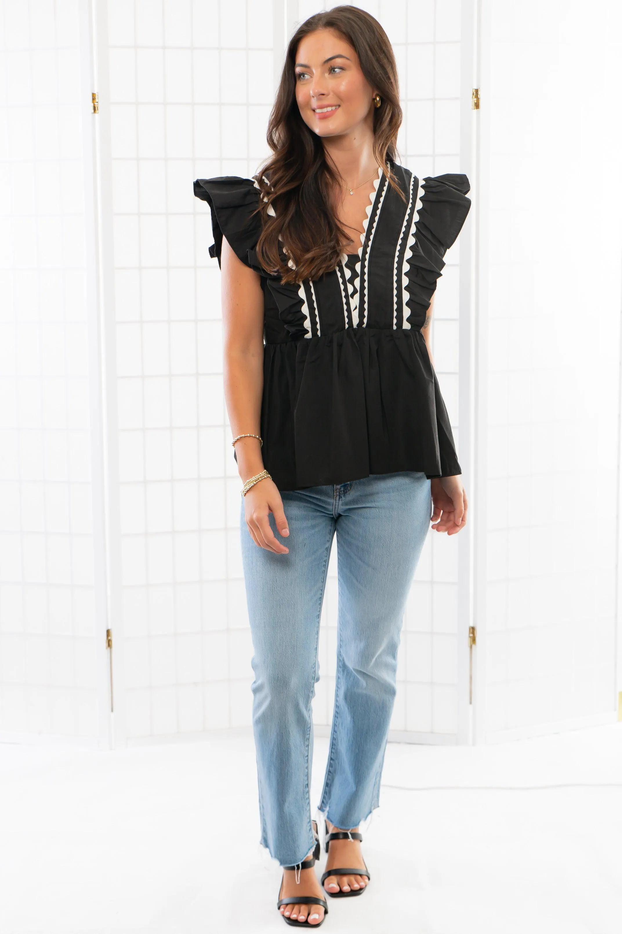 Brunch Date Black Scalloped Trim Peplum Blouse