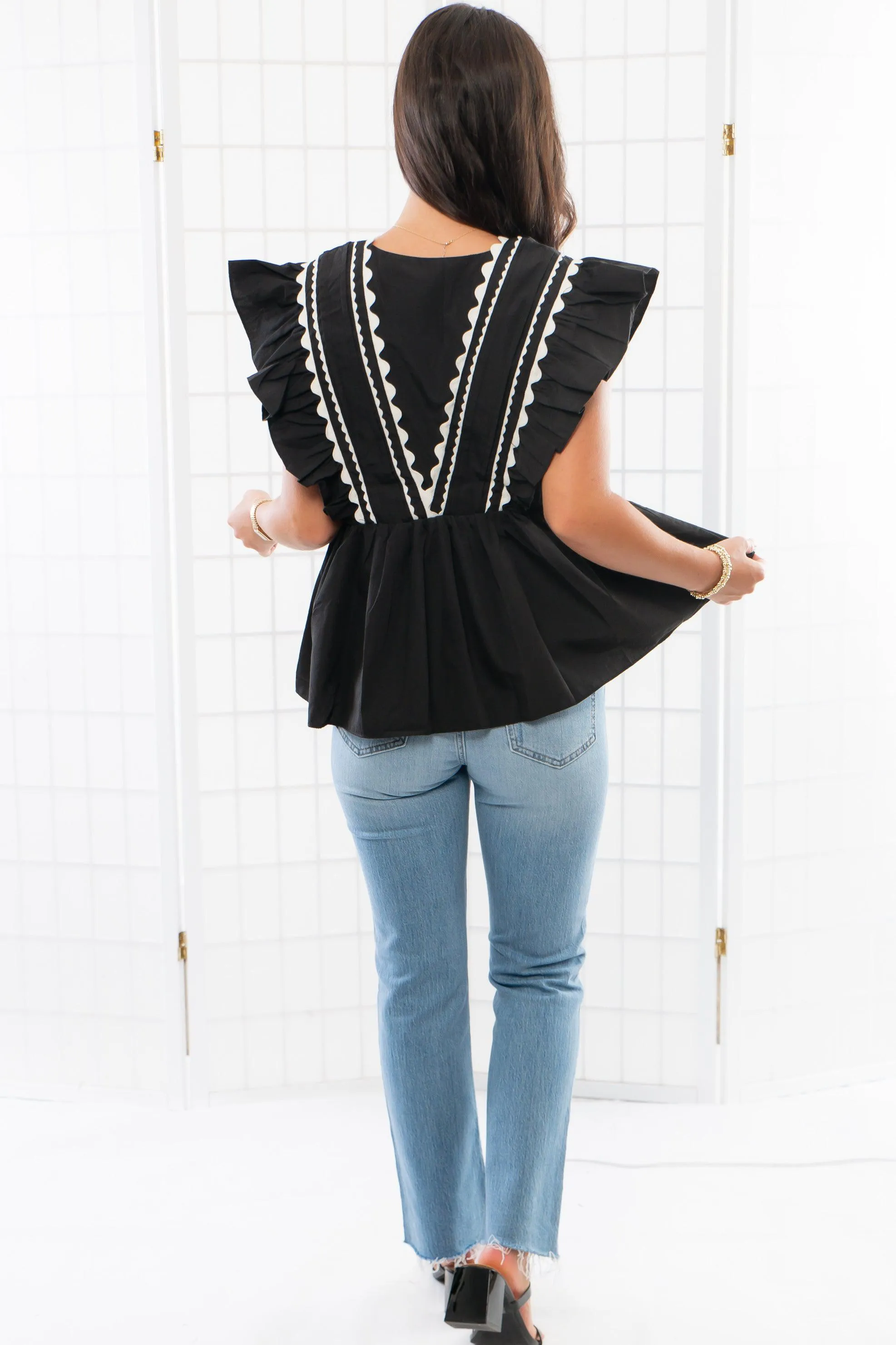 Brunch Date Black Scalloped Trim Peplum Blouse