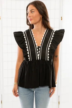 Brunch Date Black Scalloped Trim Peplum Blouse