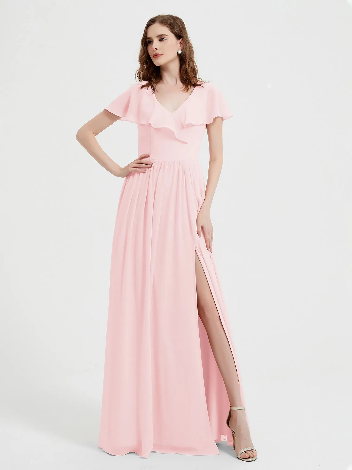 Cap Sleeves Long Chiffon Dresses with Slit-Blushing Pink Plus Size