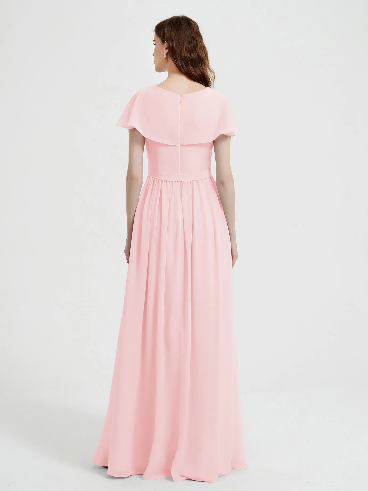 Cap Sleeves Long Chiffon Dresses with Slit-Blushing Pink Plus Size