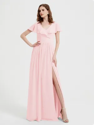 Cap Sleeves Long Chiffon Dresses with Slit-Blushing Pink Plus Size