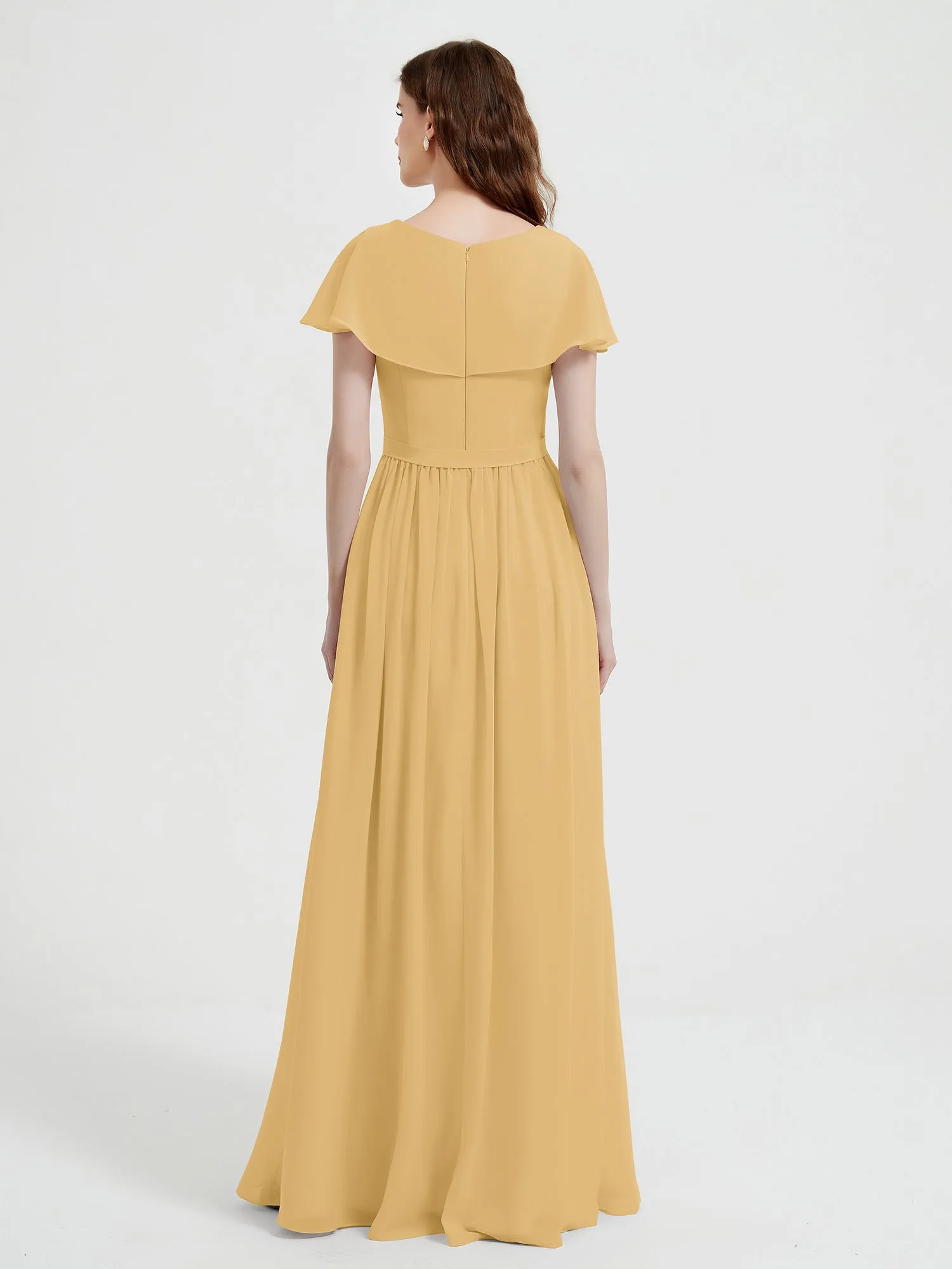 Cap Sleeves Long Chiffon Dresses with Slit-Gold
