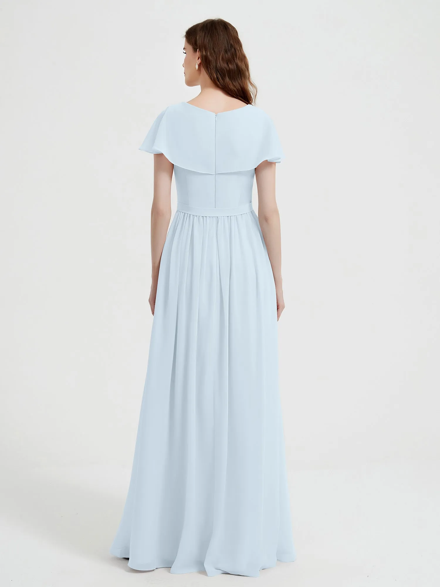 Cap Sleeves Long Chiffon Dresses with Slit-Mist Plus Size