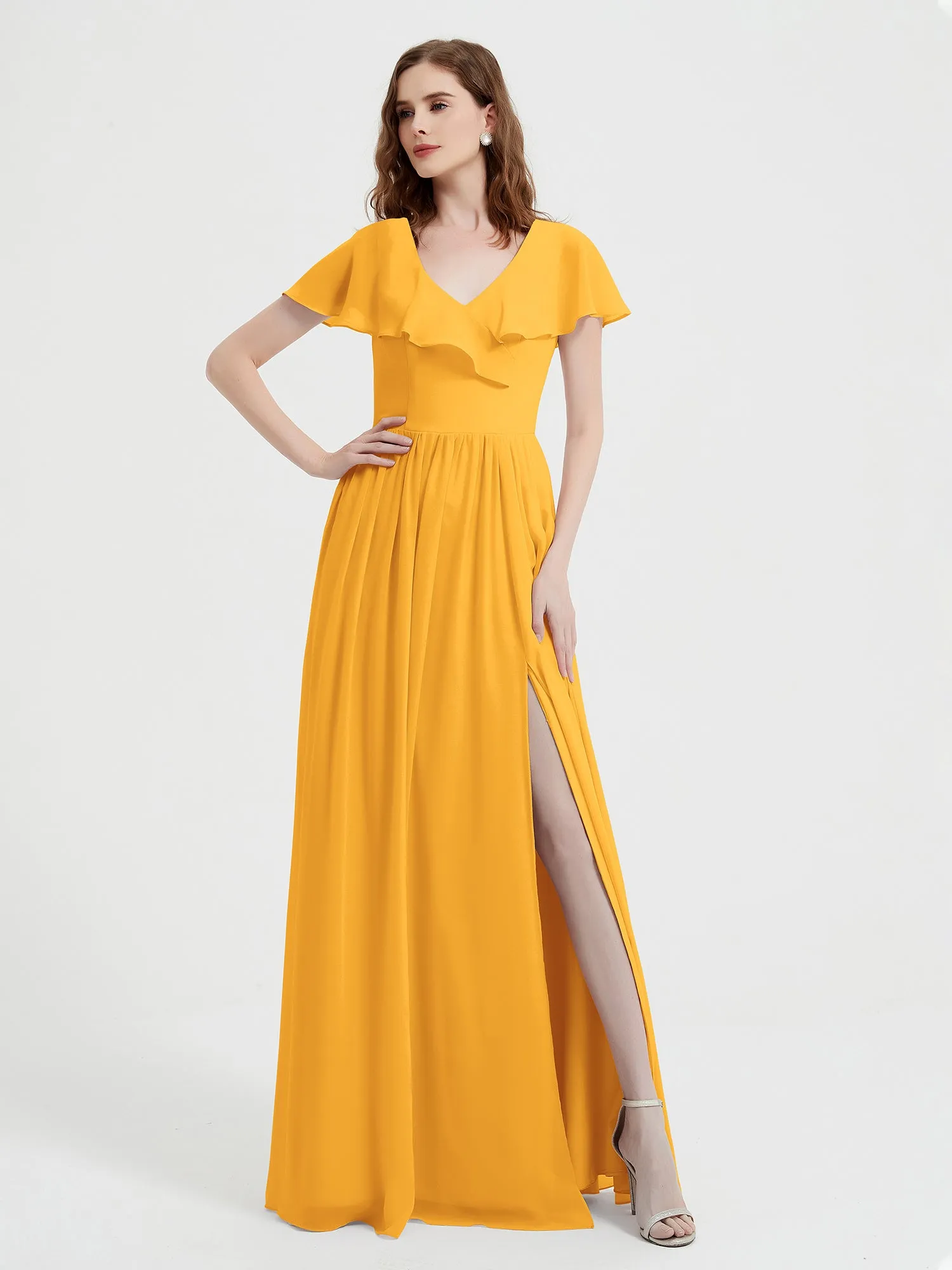 Cap Sleeves Long Chiffon Dresses with Slit-Tangerine Plus Size