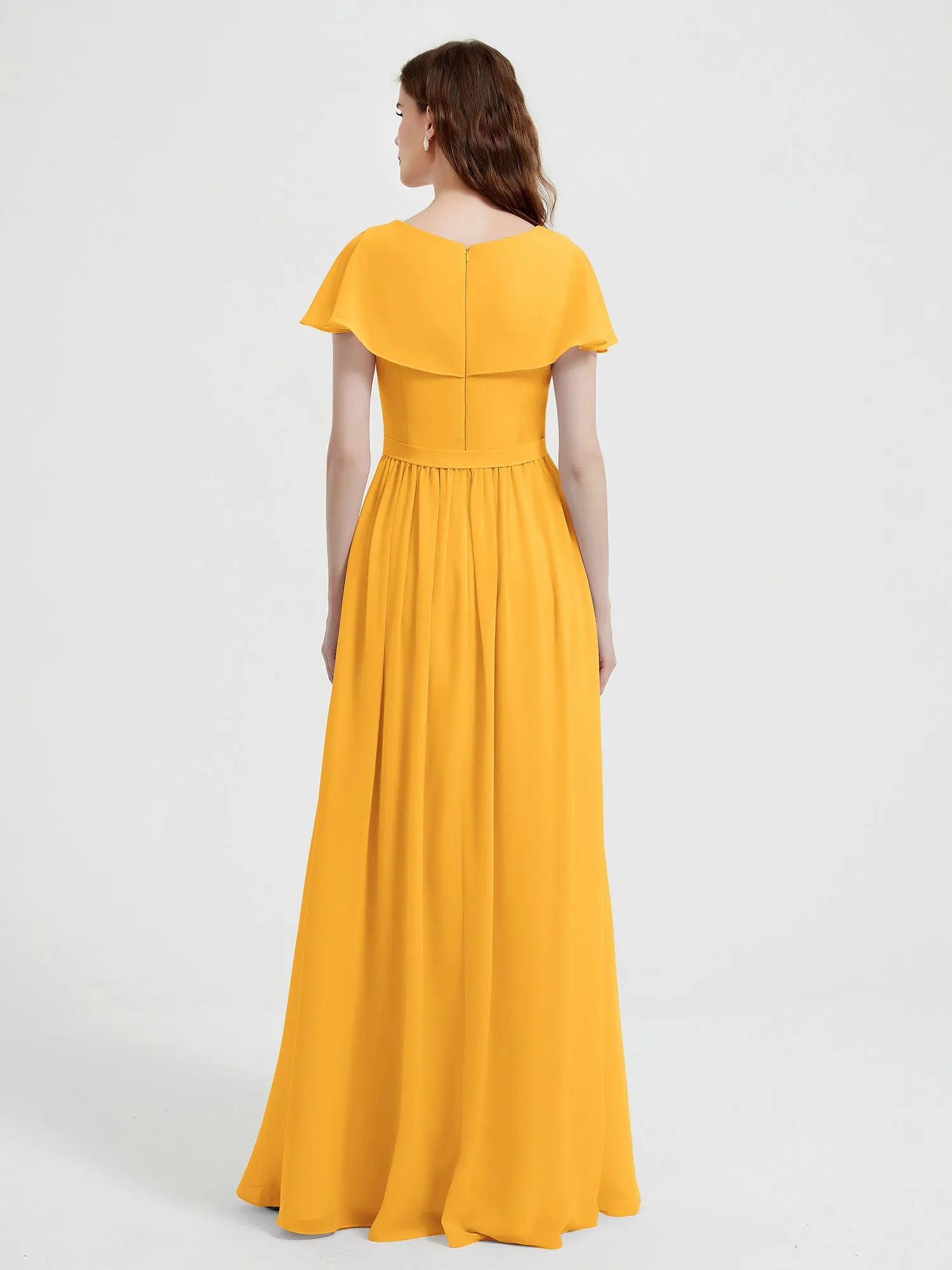 Cap Sleeves Long Chiffon Dresses with Slit-Tangerine Plus Size