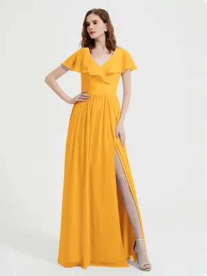 Cap Sleeves Long Chiffon Dresses with Slit-Tangerine Plus Size