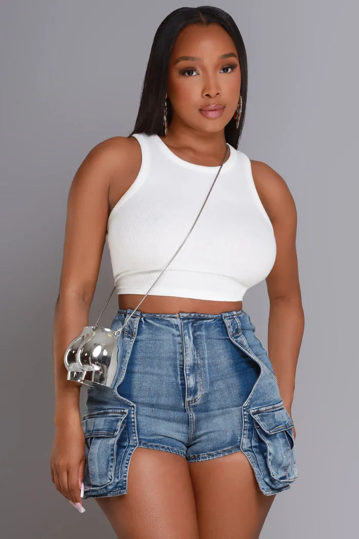 Catch A Ride High Rise Denim Cargo Shorts - Medium Wash