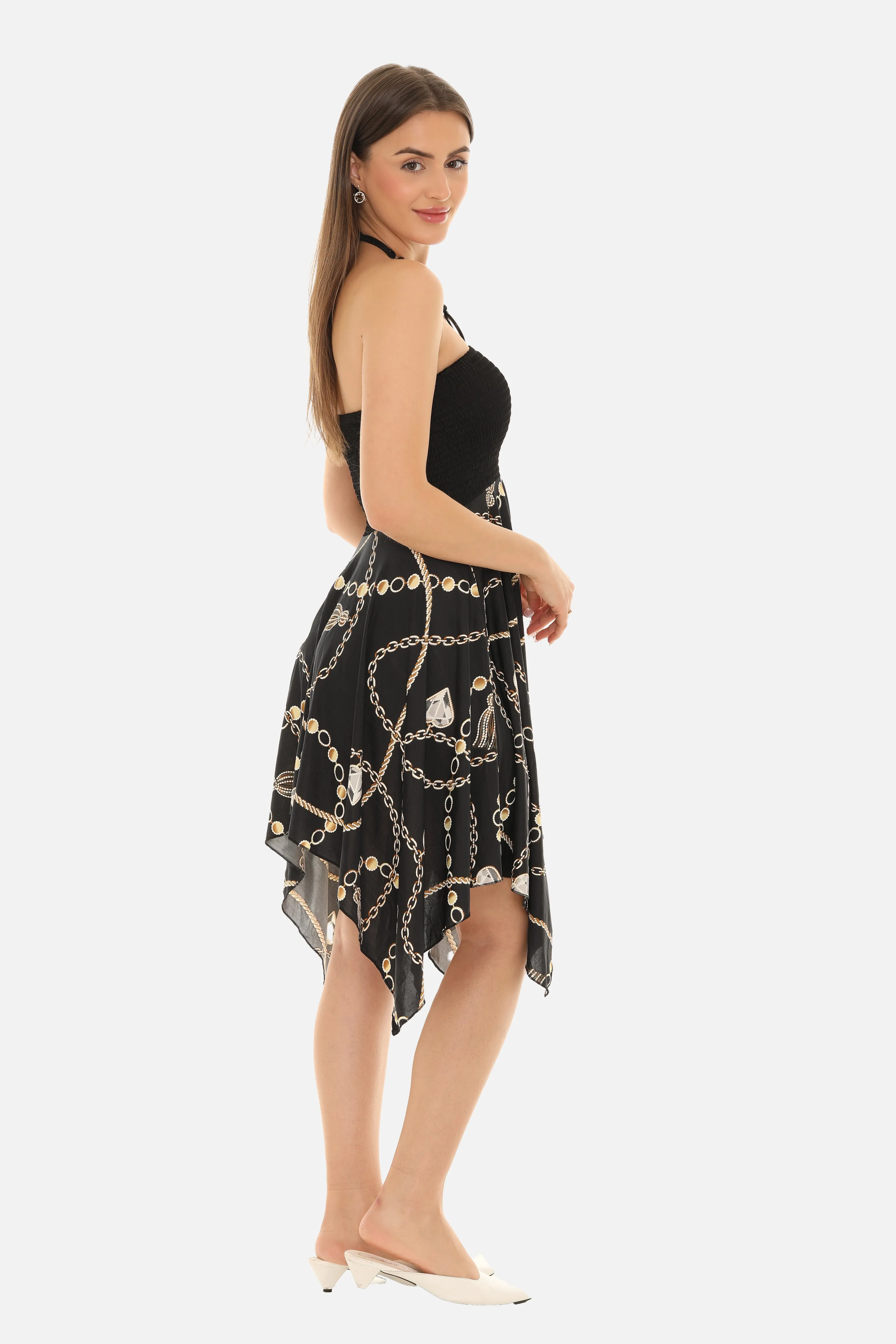 Chain Print Halter Dress with String Tie