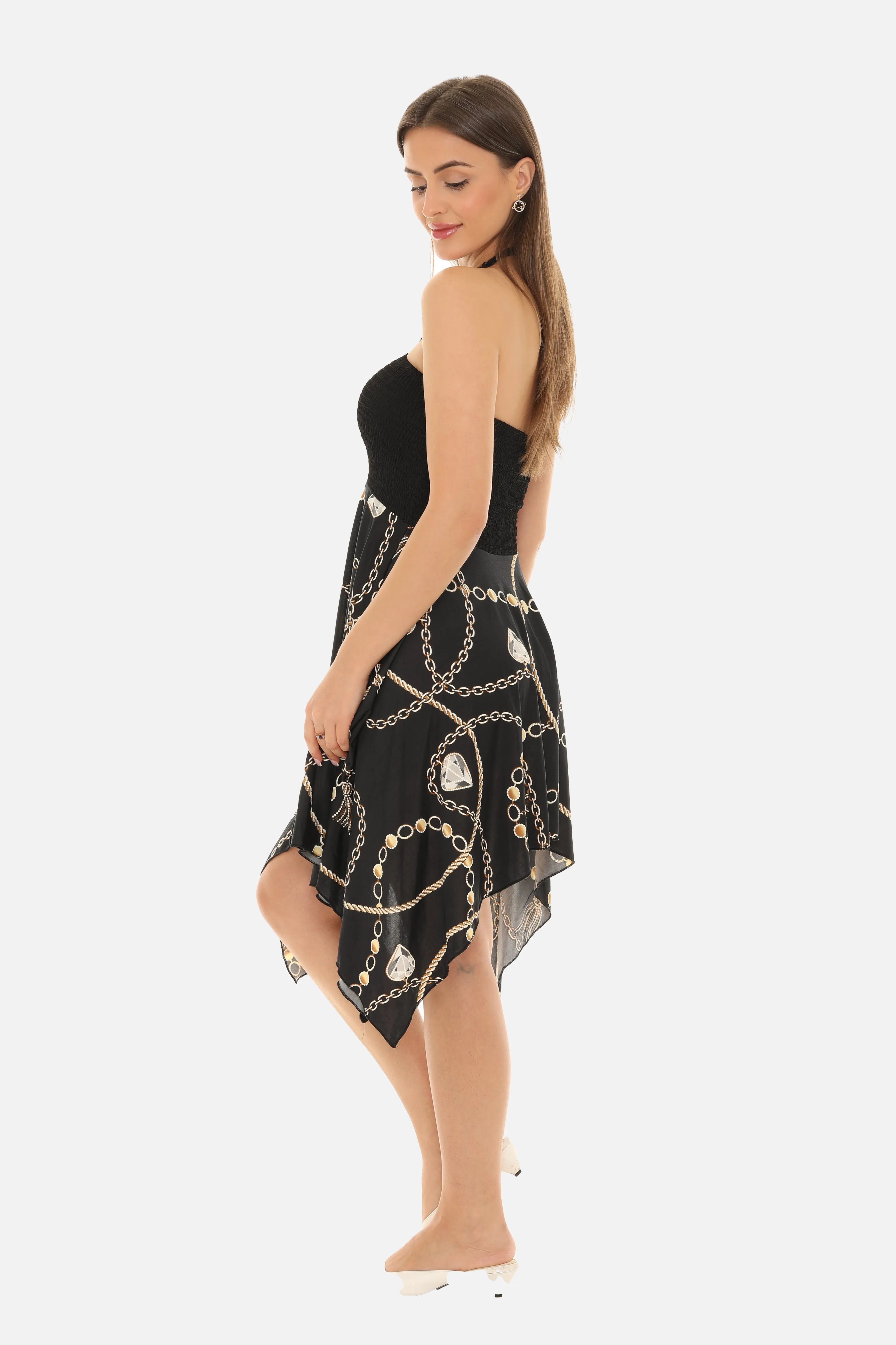 Chain Print Halter Dress with String Tie