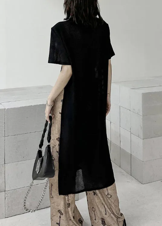 Chic Black O Neck Side Open Patchwork Cotton T Shirt Tops Summer LY9304