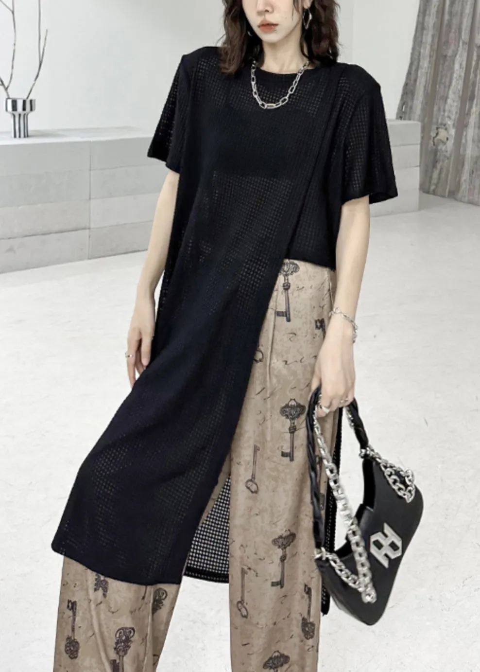 Chic Black O Neck Side Open Patchwork Cotton T Shirt Tops Summer LY9304