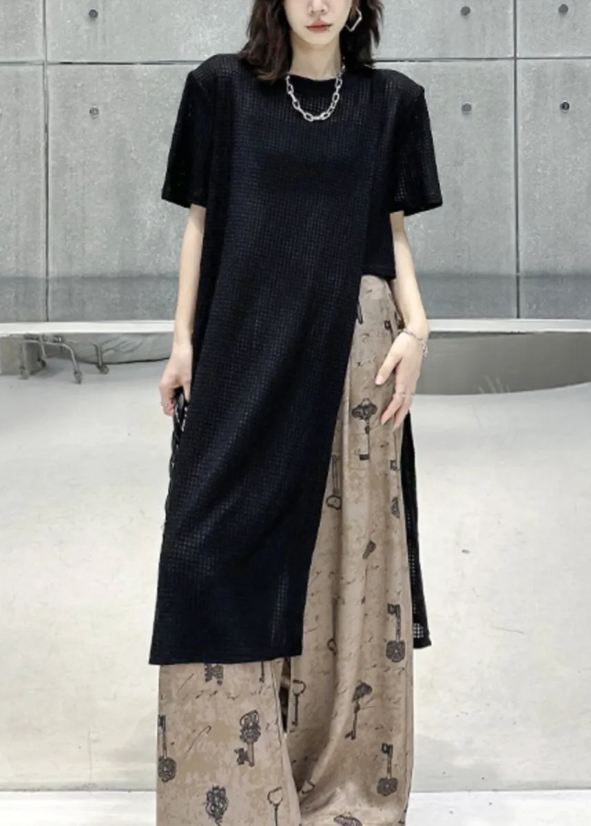 Chic Black O Neck Side Open Patchwork Cotton T Shirt Tops Summer LY9304
