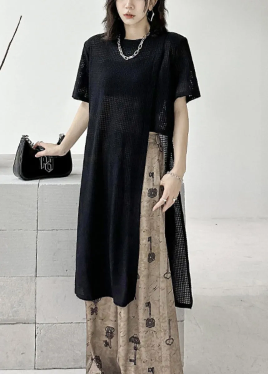 Chic Black O Neck Side Open Patchwork Cotton T Shirt Tops Summer LY9304