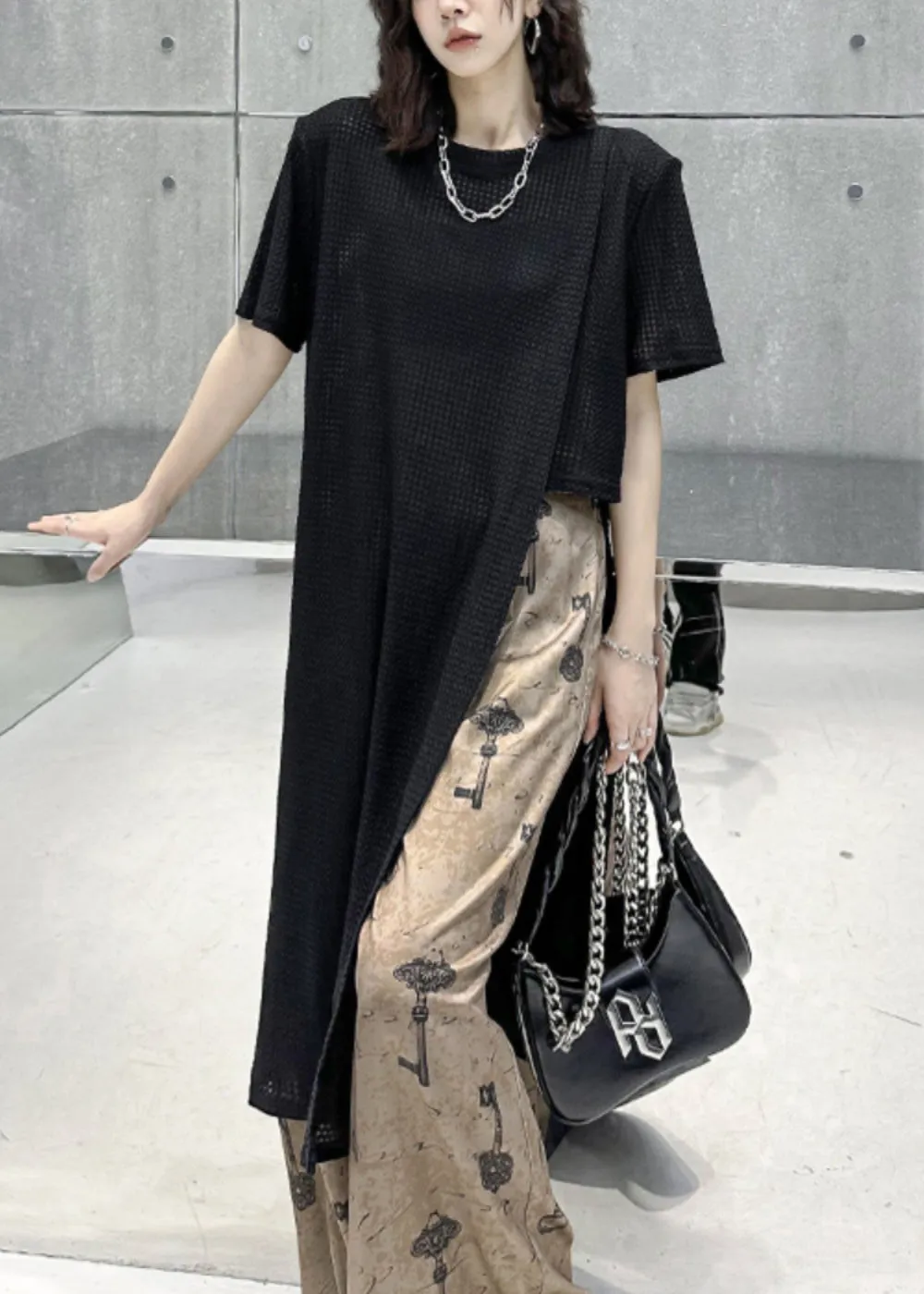 Chic Black O Neck Side Open Patchwork Cotton T Shirt Tops Summer LY9304