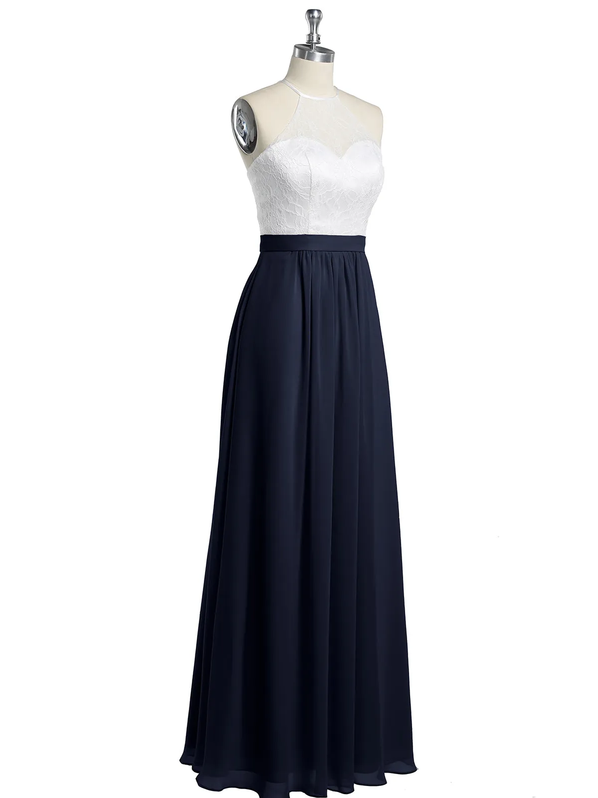 Chiffon Long Dresses with Ivory Lace Bodice-Dark Navy